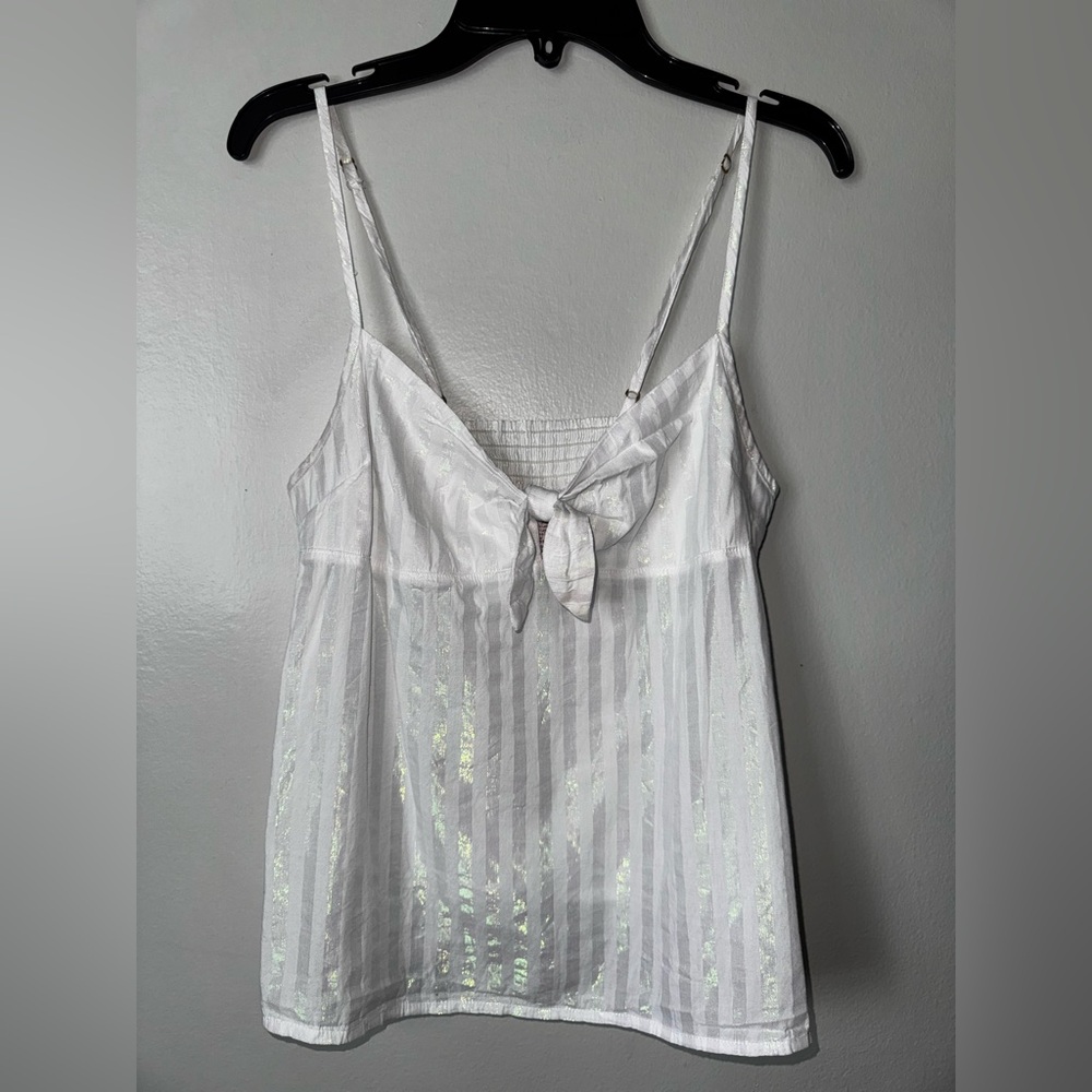 Victoria's Secret White Iridescent Striped Babydoll Slip with Front Tie